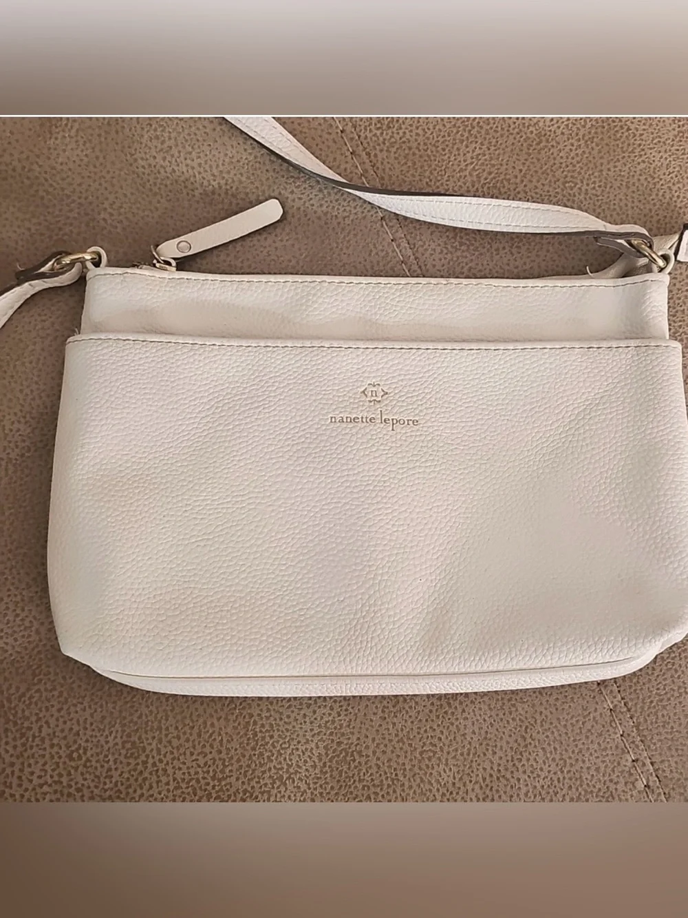 Nanette Lepore White Pebbled Faux Leather Wristlet Crossbody Bag with Gold Logo